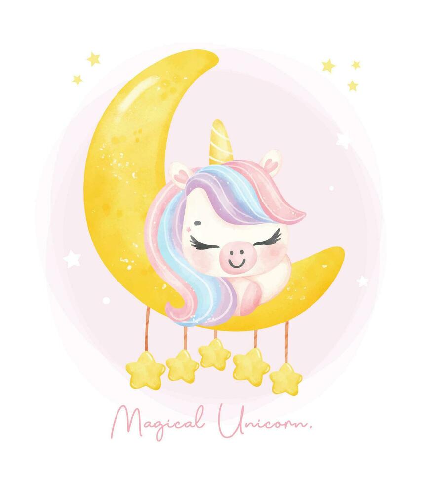 carino unicorno addormentato su mezzaluna Luna acquerello asilo arte illustrazione. magico unicorno. vettore