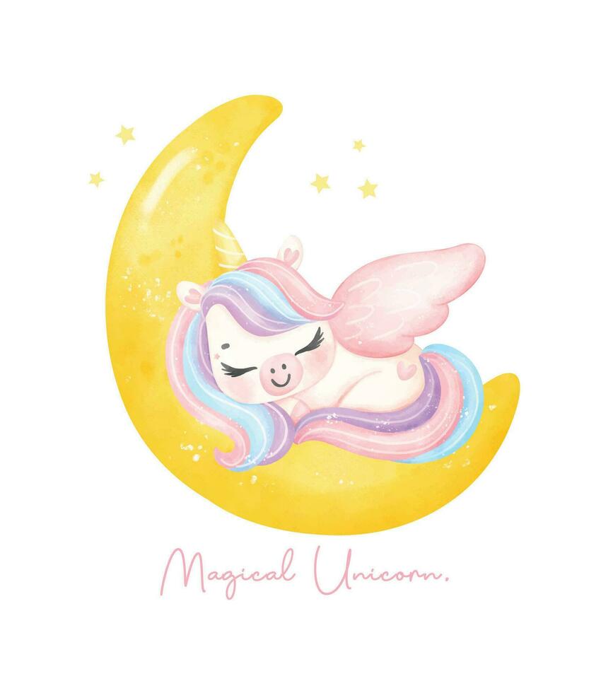 carino unicorno addormentato su mezzaluna Luna acquerello asilo arte illustrazione. magico unicorno. vettore
