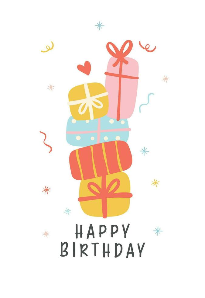 carino compleanno carta bandiera con colorato impilati di regalo scatole minimo. kawaii saluto carta cartone animato mano disegno piatto design grafico illustrazione. vettore