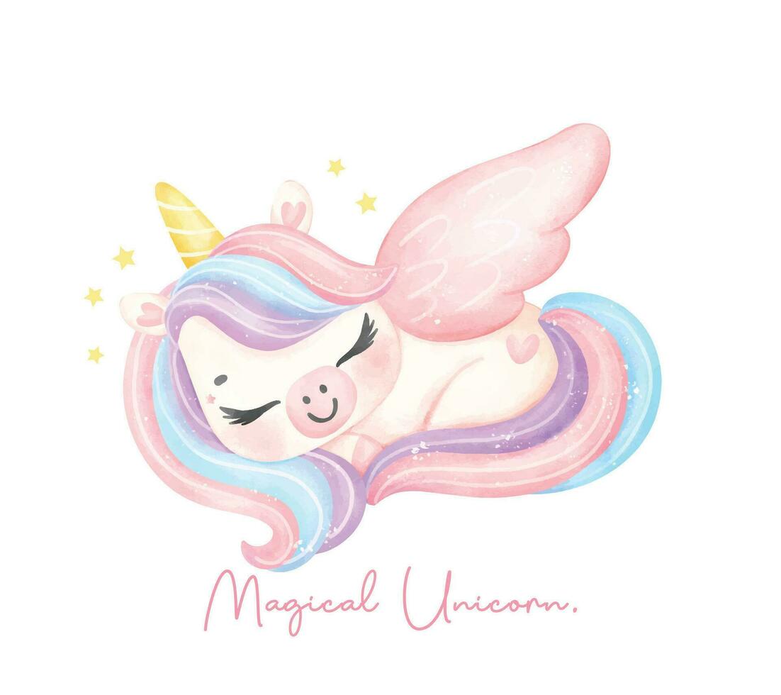 carino unicorno con ala addormentato acquerello sognante asilo arte illustrazione. magico unicorno. vettore