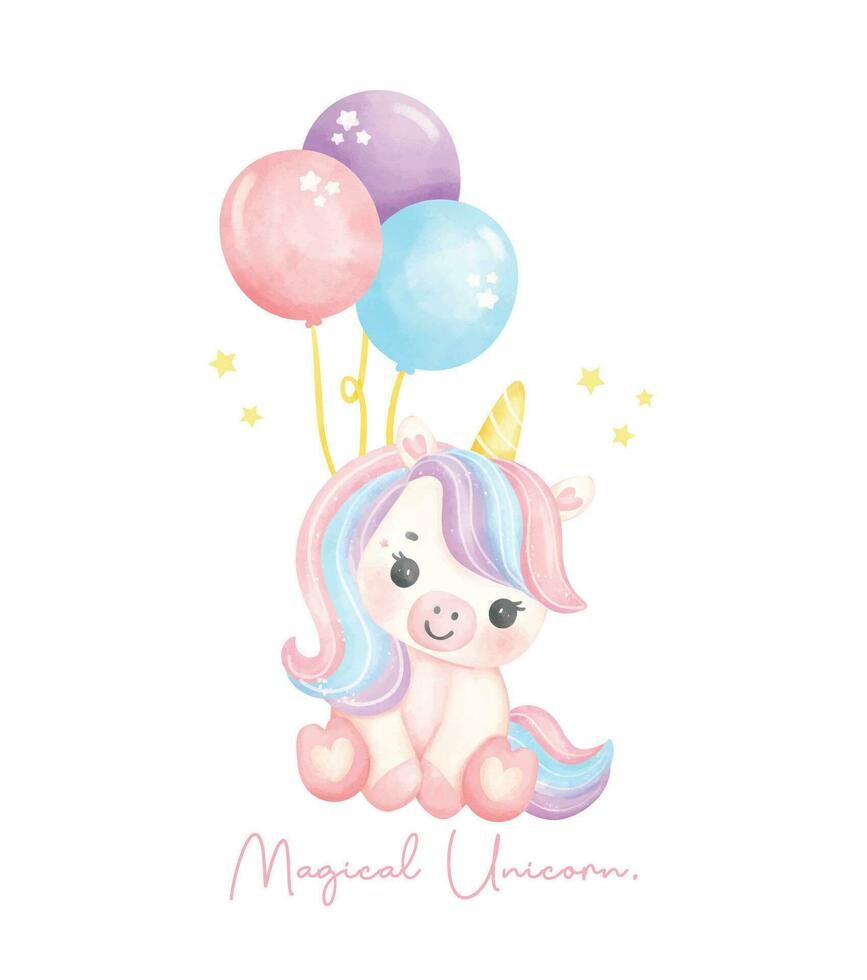 carino unicorno con palloncini acquerello asilo arte illustrazione. magico unicorno. vettore