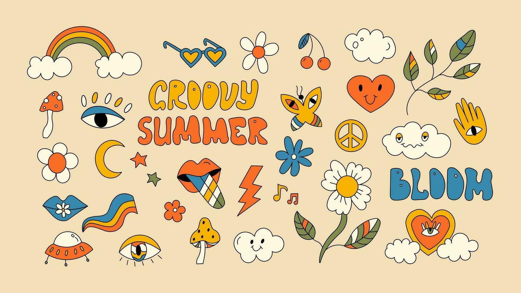 Groovy icona impostare. vettore retrò elementi. cartone animato impaurito fiori, cuori, funghi, arcobaleno, Vintage ▾ hippy stile elemento impostare.