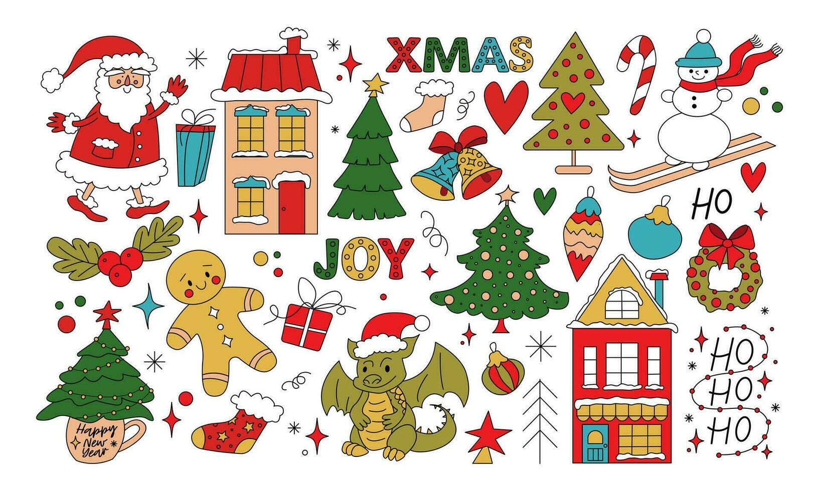 allegro Natale e contento nuovo anno. Santa claus, Natale albero, i regali, Pan di zenzero, Drago, cartone animato stile. etichetta imballare vettore