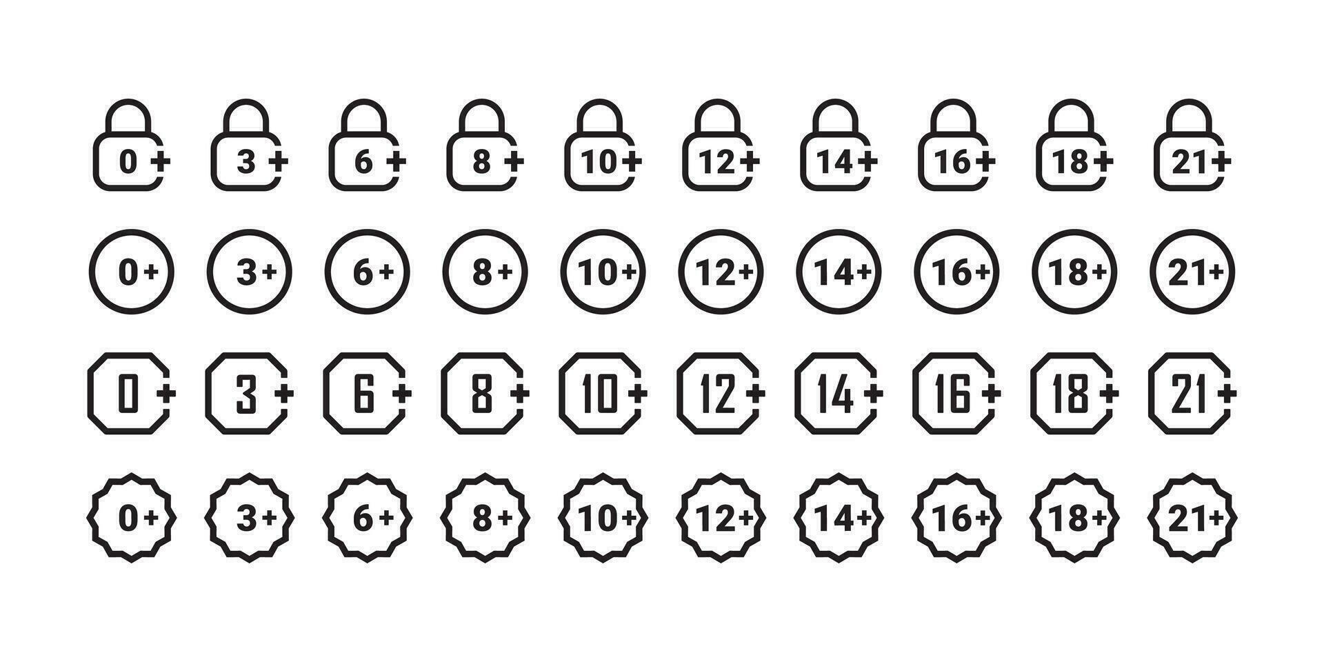 età restrizione icone grande impostare. marchio età limite. età restrizione distintivi. vettore scalabile grafica