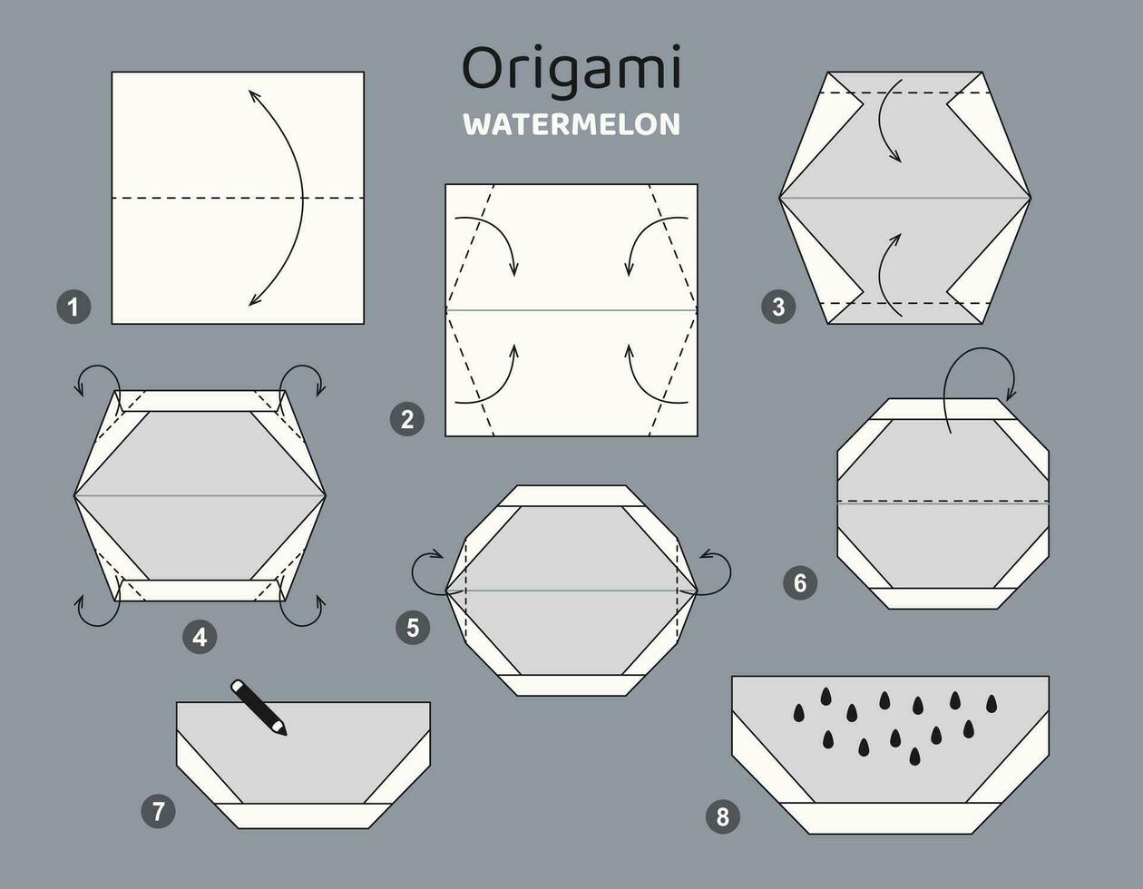 anguria origami schema lezione in movimento modello. origami per bambini. passo di passo Come per rendere un' carino origami frutta. vettore illustrazione.