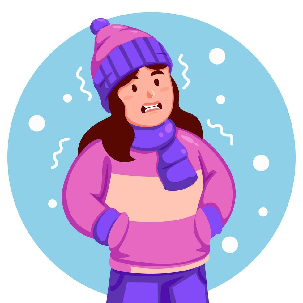ragazza indossare un' inverno cappello e sciarpa si sente tremante a partire dal il freddo vettore