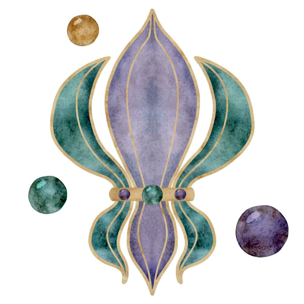 mano disegnato acquerello mardi gras carnevale simboli. giglio iris fiore francese fleur de lis, viola verde oro perline. singolo oggetto isolato su bianca sfondo. design per festa invito, Stampa, negozio vettore