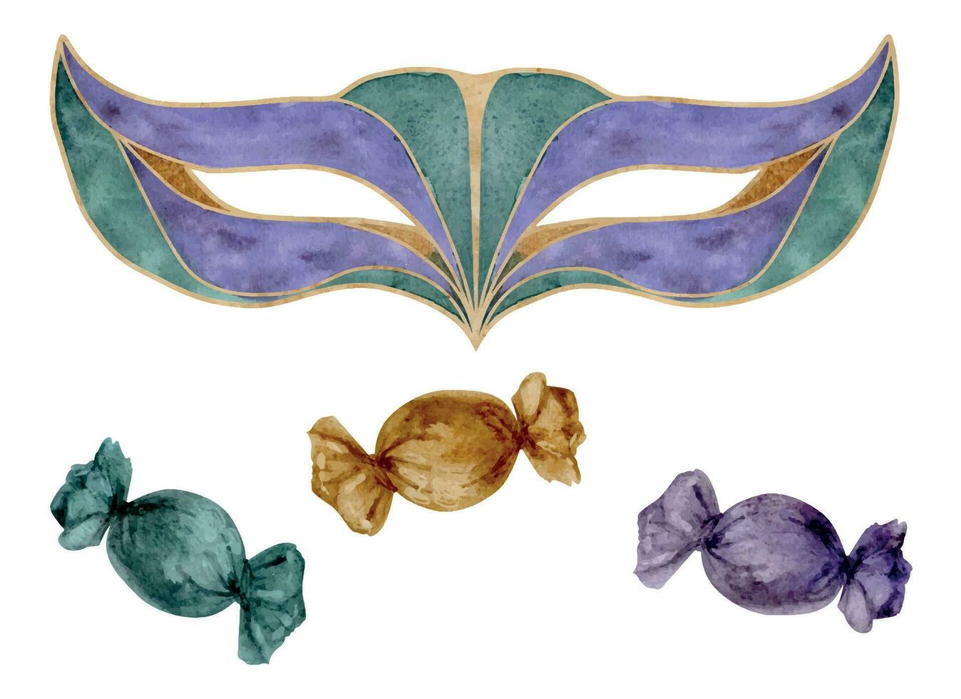 mano disegnato acquerello mardi gras carnevale simboli. Teatro masquerade maschera con bonbon caramella, oro viola verde. singolo oggetto isolato su bianca sfondo. design per festa invito, Stampa, negozio vettore