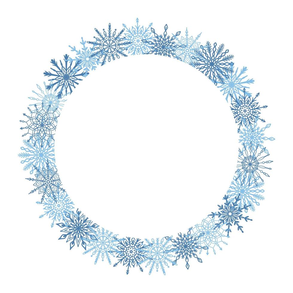 bella stagione invernale, natale, capodanno cornice rotonda, corona con fiocchi di neve blu disegnati a mano isolati su sfondo bianco. modello di design festivo invernale con spazio di copia vuoto vettore