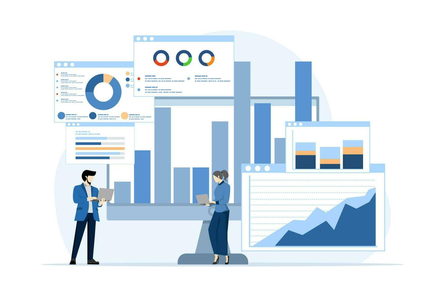 attività commerciale dati analisi concetto, mercato ricerca, pianificazione, Prodotto test, statistiche, finanziario infografica, gestione concetto con attività commerciale squadra fare analisi e ricerca, piatto illustrazione. vettore