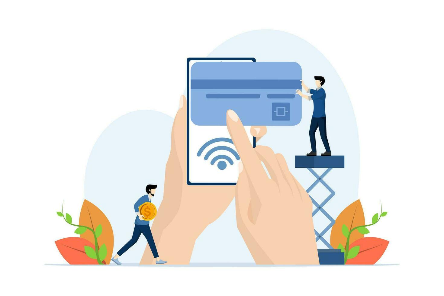 concetto di in linea pagamento, mobile bancario, portafoglio elettronico, commercio elettronico, transazione, Acquista, pagamento di credito carta attraverso elettronico portafoglio in modalità wireless su il Telefono, shopping attraverso Telefono e collegato carte. vettore