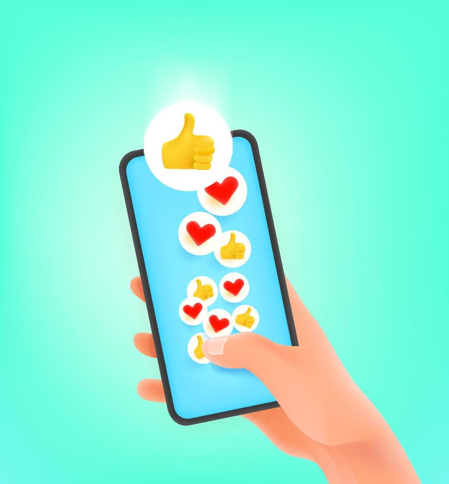 pollice in su e cuore reazione social media pulsanti 3d che cadono sullo smartphone vettore