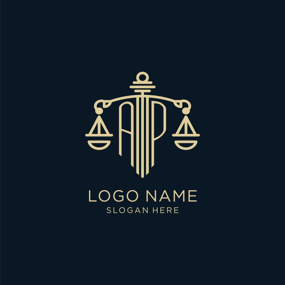 iniziale ap logo con scudo e bilancia di giustizia, lusso e moderno legge azienda logo design vettore