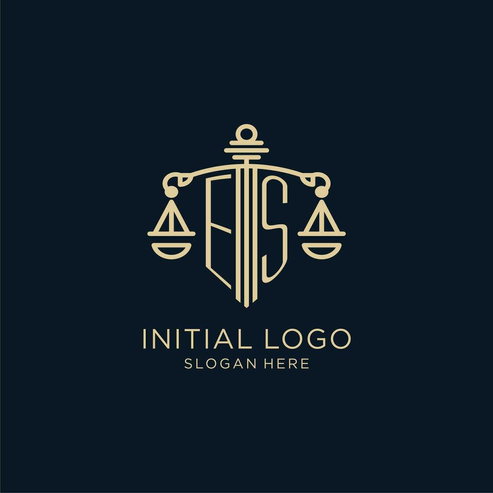 iniziale es logo con scudo e bilancia di giustizia, lusso e moderno legge azienda logo design vettore