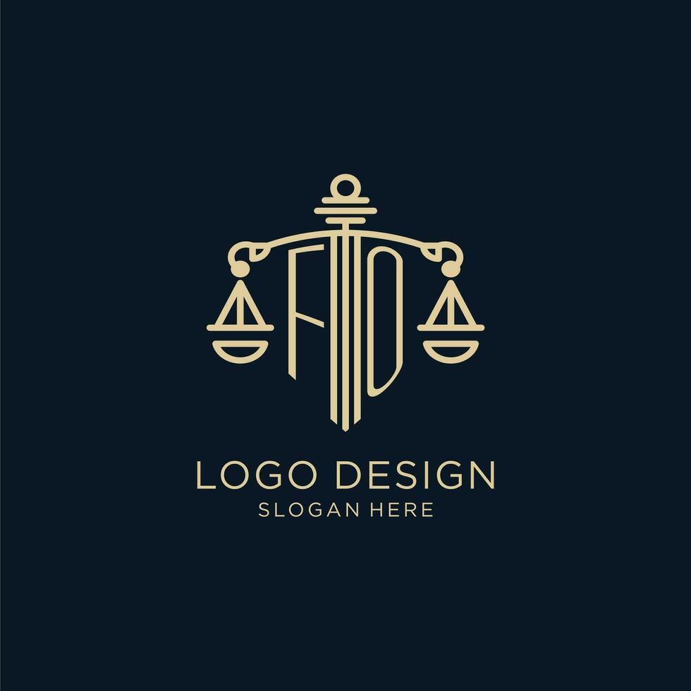 iniziale fo logo con scudo e bilancia di giustizia, lusso e moderno legge azienda logo design vettore