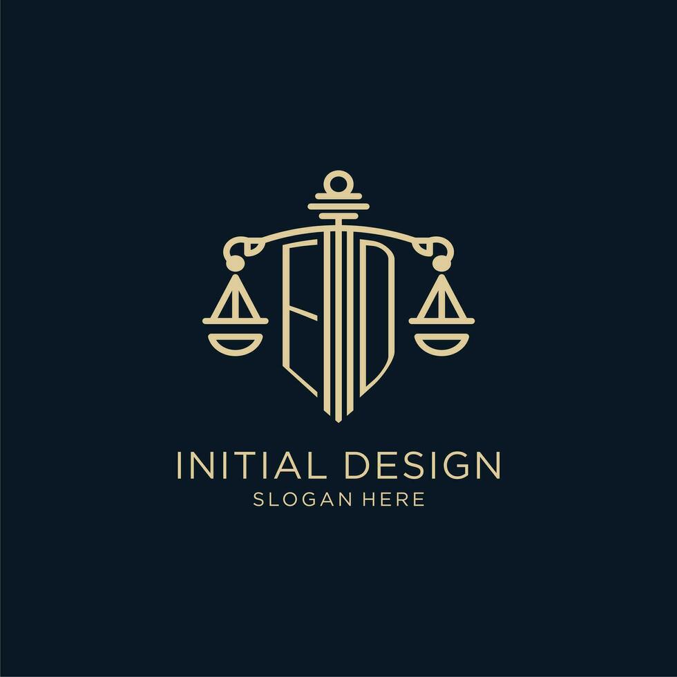 iniziale ed logo con scudo e bilancia di giustizia, lusso e moderno legge azienda logo design vettore