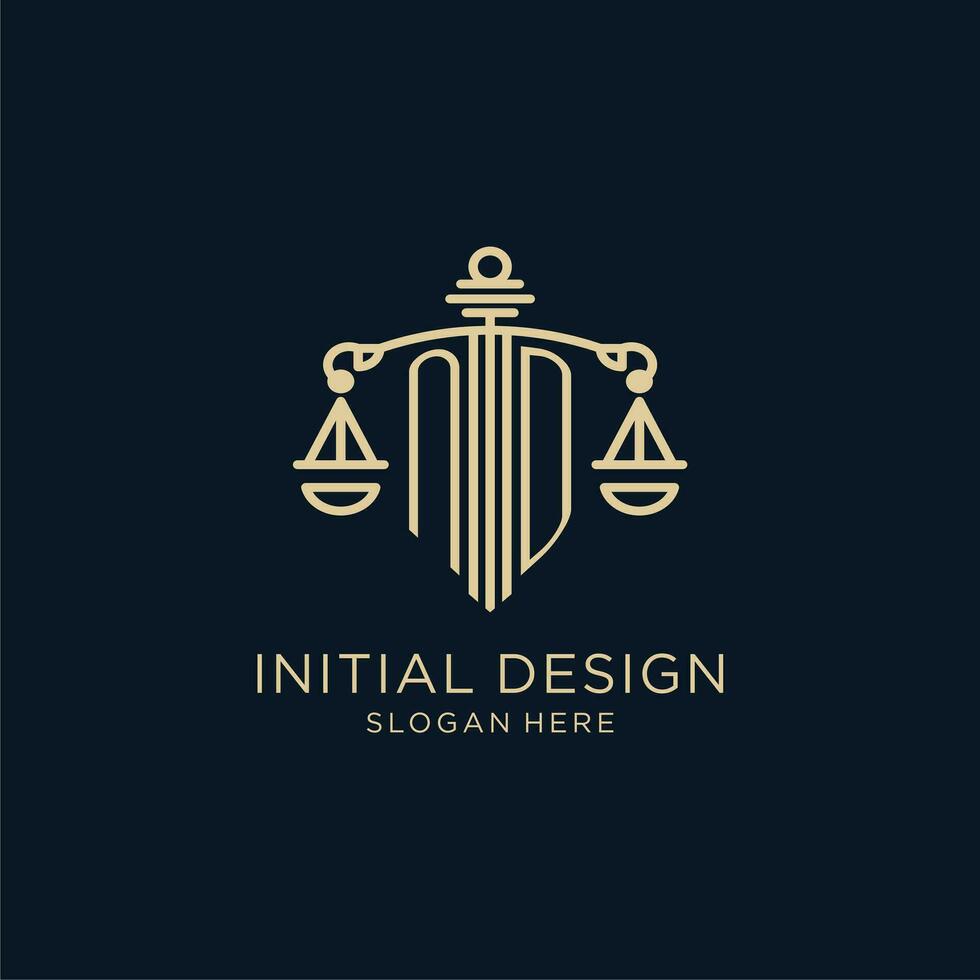 iniziale nd logo con scudo e bilancia di giustizia, lusso e moderno legge azienda logo design vettore