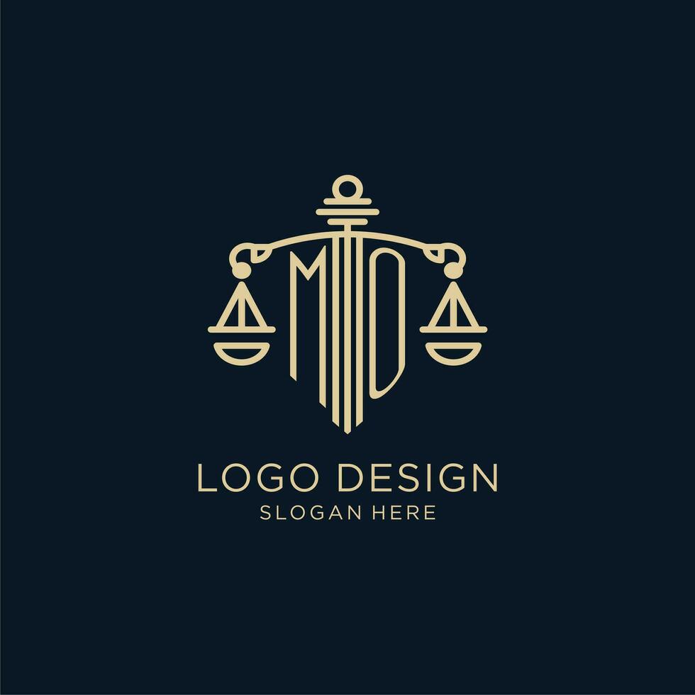 iniziale mo logo con scudo e bilancia di giustizia, lusso e moderno legge azienda logo design vettore