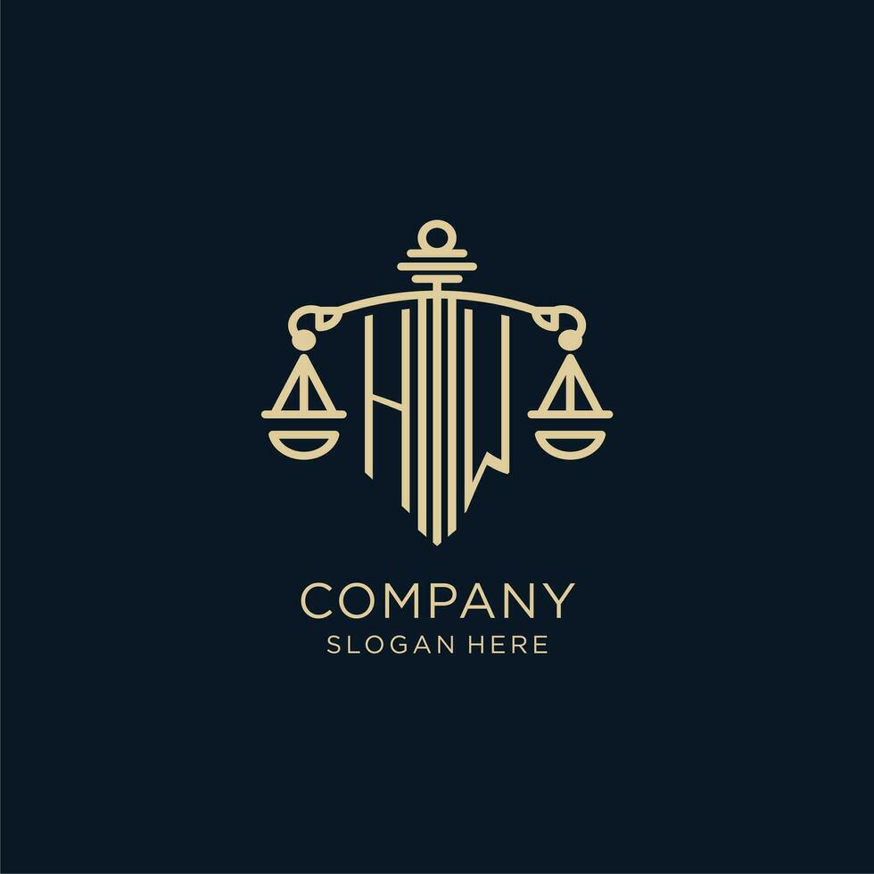 iniziale hw logo con scudo e bilancia di giustizia, lusso e moderno legge azienda logo design vettore