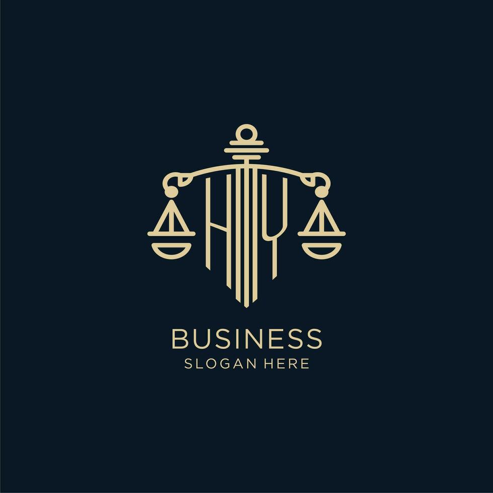 iniziale ciao logo con scudo e bilancia di giustizia, lusso e moderno legge azienda logo design vettore