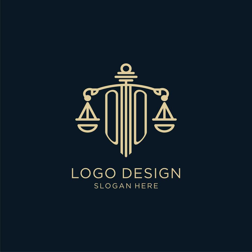 iniziale oo logo con scudo e bilancia di giustizia, lusso e moderno legge azienda logo design vettore