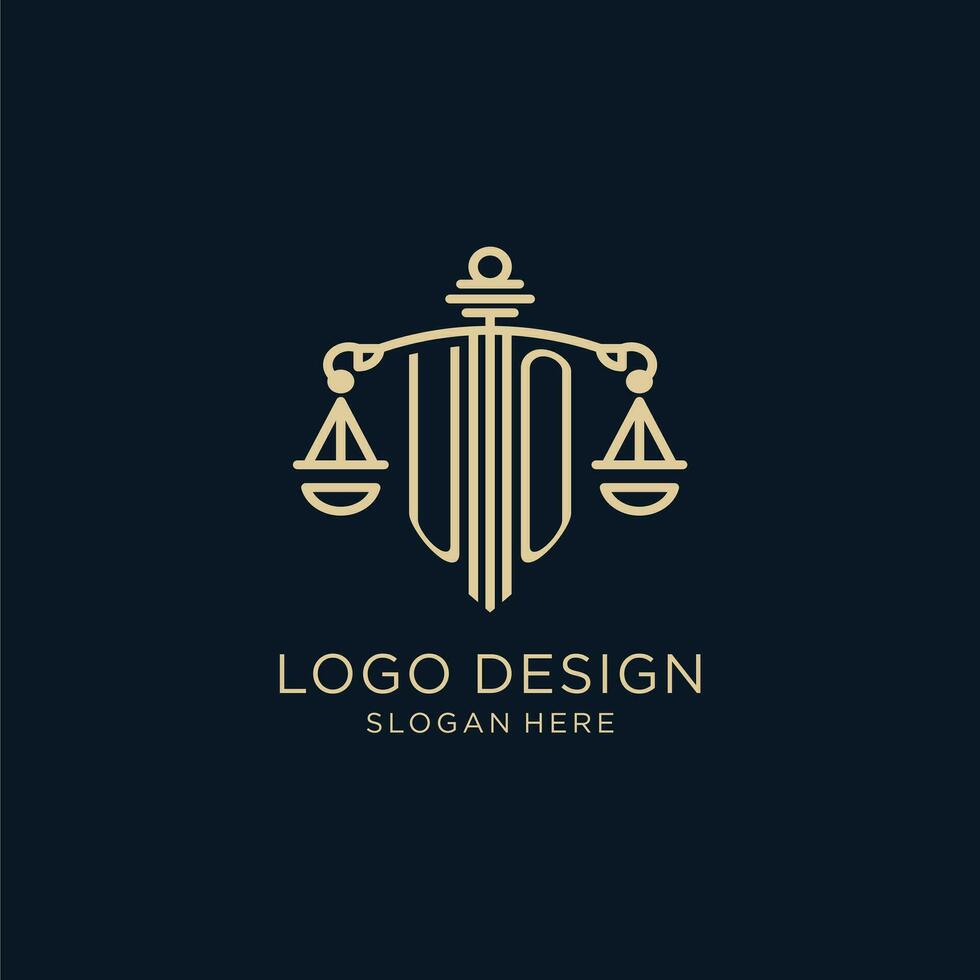 iniziale uo logo con scudo e bilancia di giustizia, lusso e moderno legge azienda logo design vettore