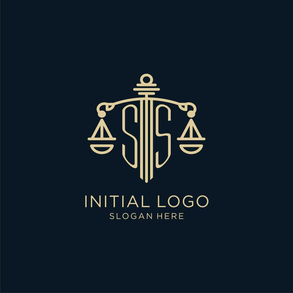 iniziale ss logo con scudo e bilancia di giustizia, lusso e moderno legge azienda logo design vettore