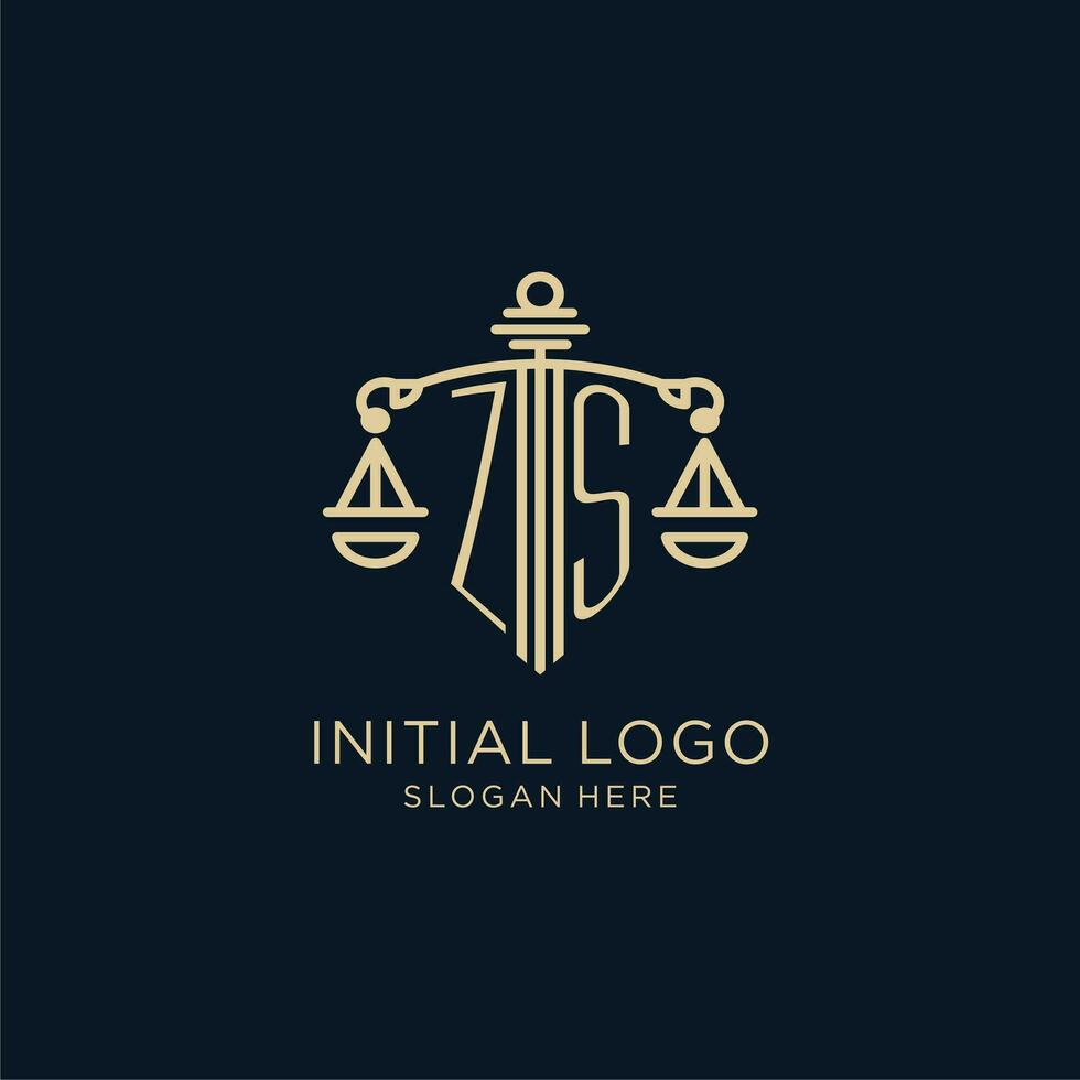 iniziale zs logo con scudo e bilancia di giustizia, lusso e moderno legge azienda logo design vettore