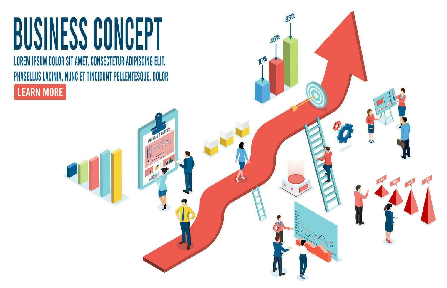 3d isometrico attività commerciale flusso di lavoro con dati investimento, progetto gestione, attività commerciale comunicazione grafici e carte. vettore illustrazione eps10.