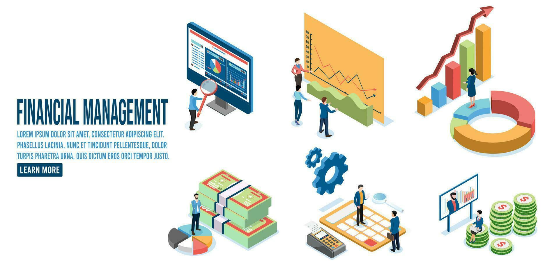 3d isometrico impostato di finanziario gestione con diagrammi, grafici, finanziario analitico e attività commerciale Infografica elementi. vettore illustrazione eps10