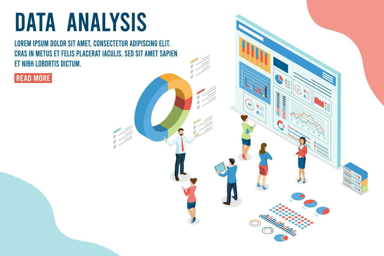 moderno 3d isometrico design concetto di dati analisi con attività commerciale persone squadra Lavorando con dati visualizzazione per sito web e mobile sito web. vettore illustrazione eps10