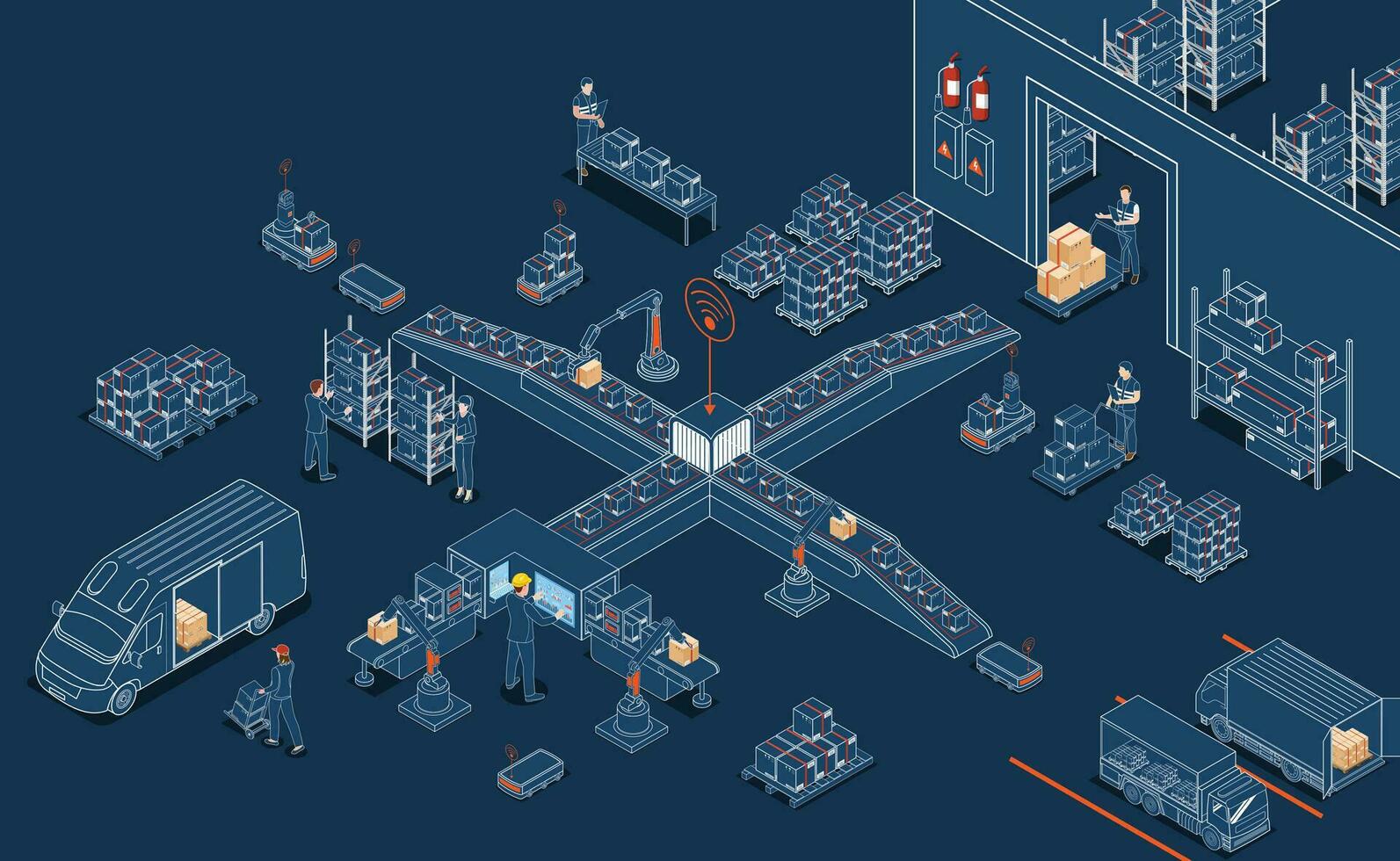 la logistica magazzino opera processi concetto con mezzi di trasporto operazione servizio, industriale Internet di cose e autonomo robot. vettore illustrazione eps 10