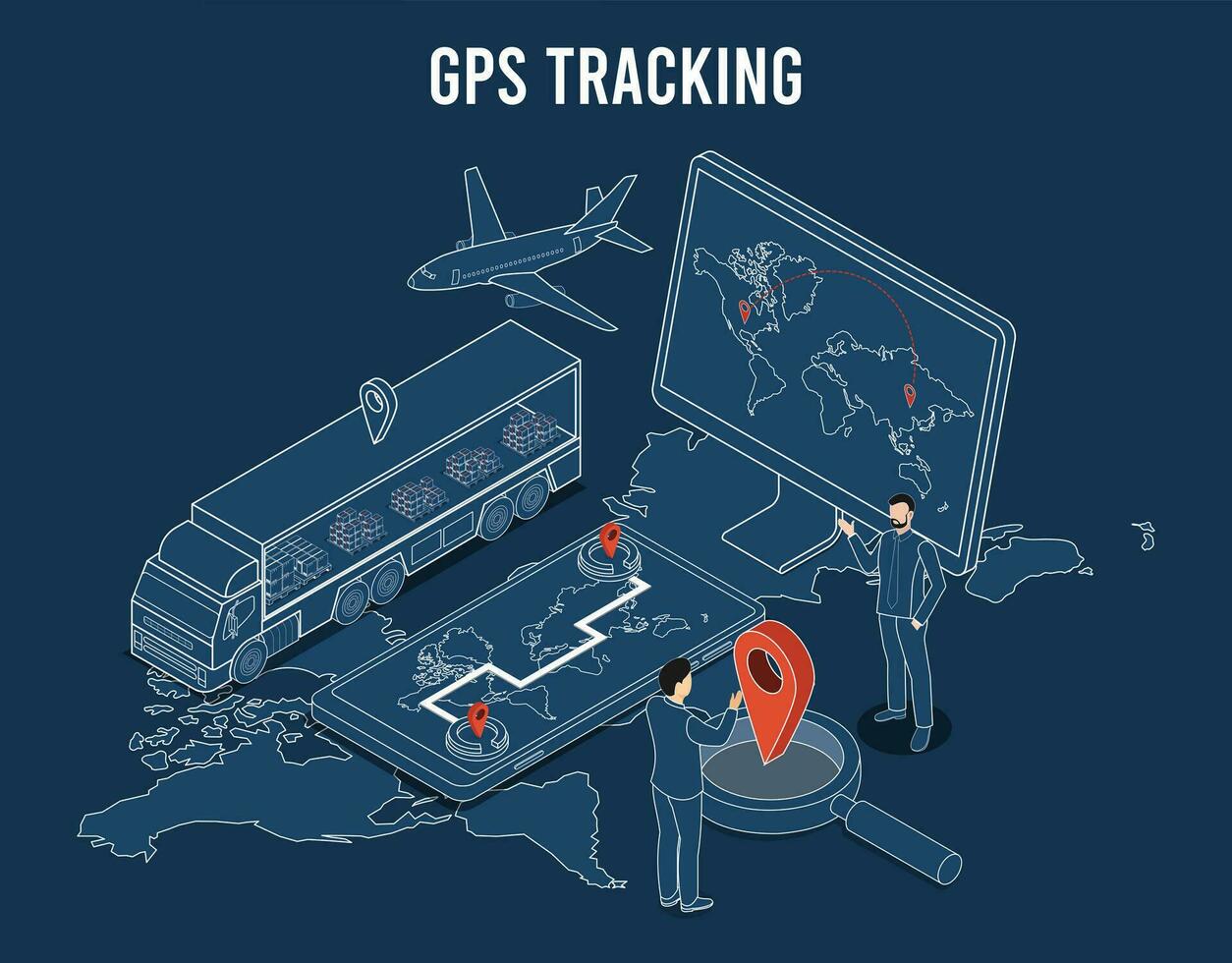 In tutto il mondo GPS puntamento concetto con camion, carta geografica GPS navigazione, tenere sotto controllo con carta geografica e ingrandimento bicchiere. vettore illustrazione eps10