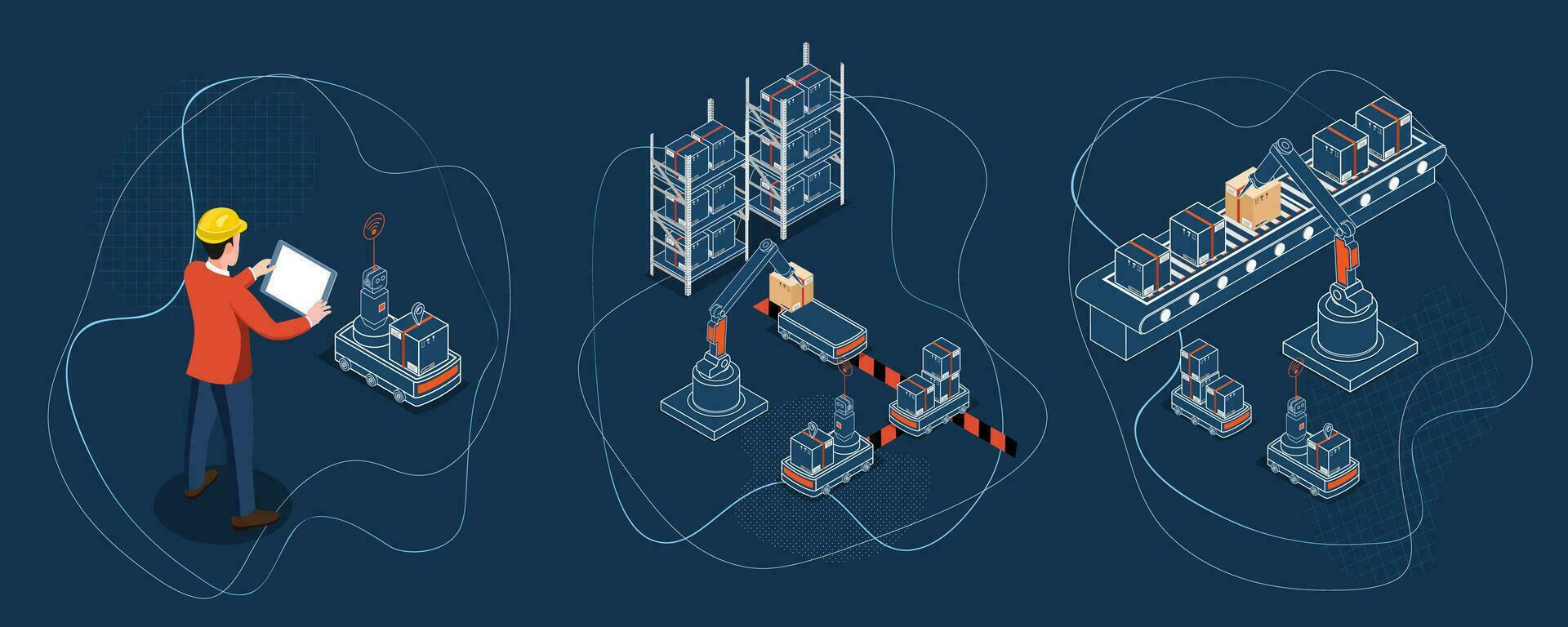 3 scene di industria 4.0 concetto con magazzino lavoratore e robotica braccio solleva pacchetto e pile loro su cintura trasportatore e autonomo robot. vettore illustrazione eps10