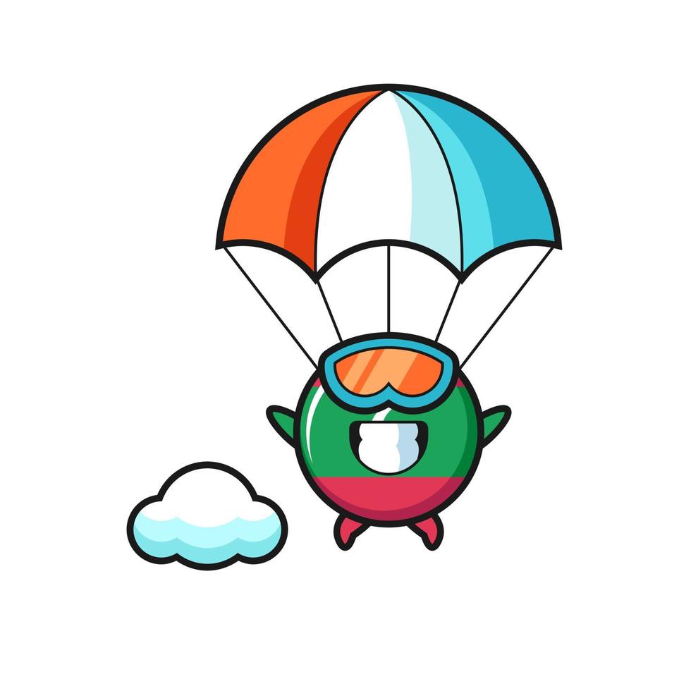 il fumetto della mascotte del distintivo della bandiera delle maldive sta facendo paracadutismo con un gesto felice vettore