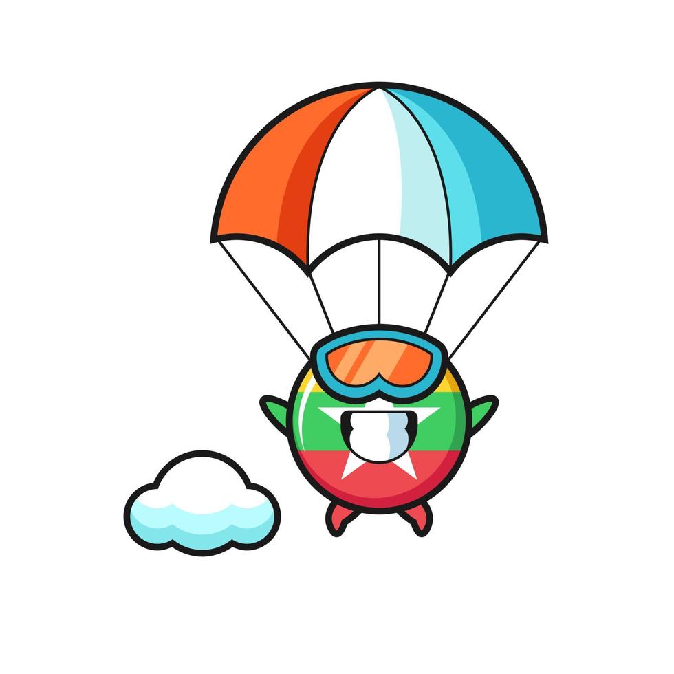 Il fumetto della mascotte del distintivo della bandiera del myanmar sta facendo paracadutismo con un gesto felice vettore