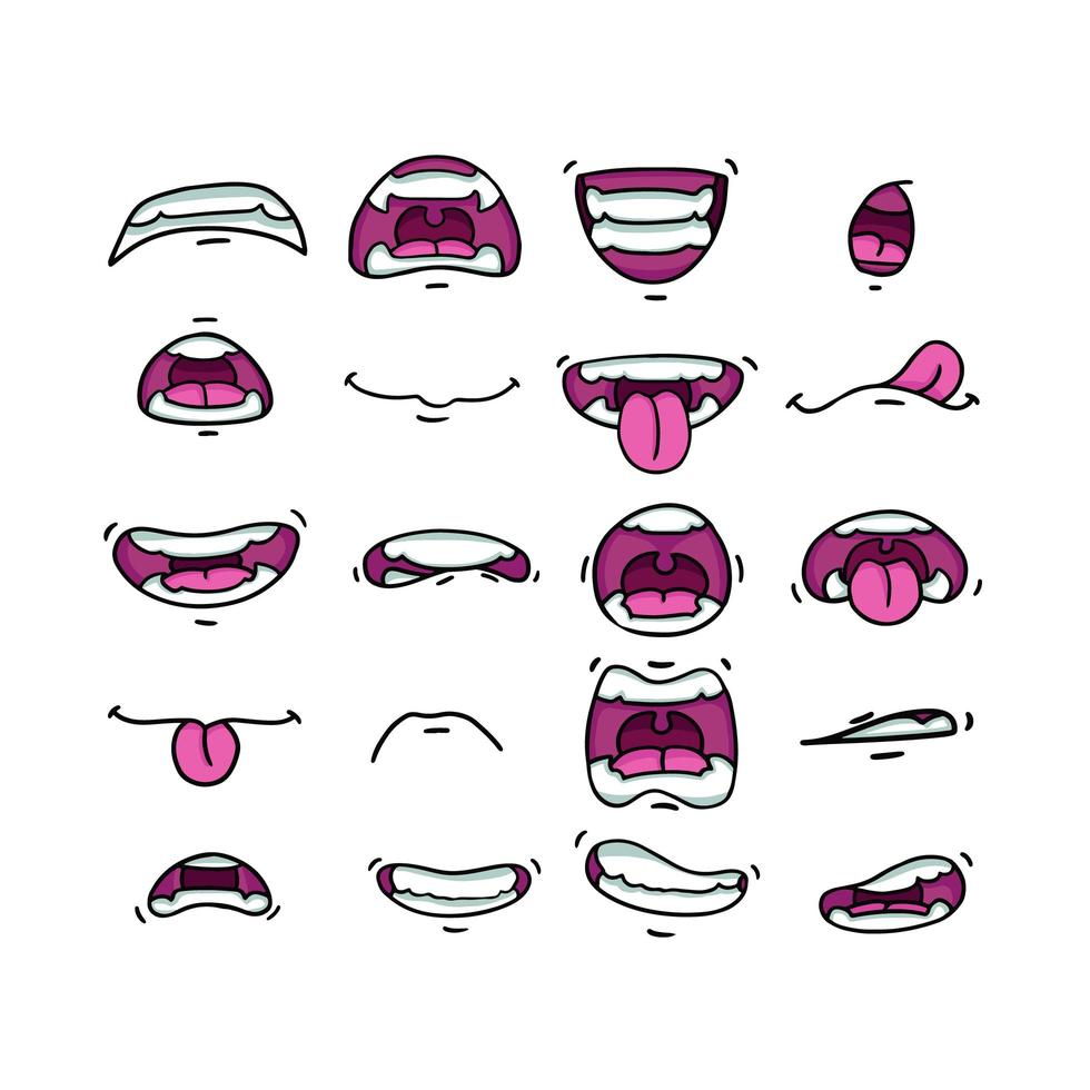 diverse bocche in posizioni diverse. con i denti, la lingua, il sorriso, la rabbia. vettore