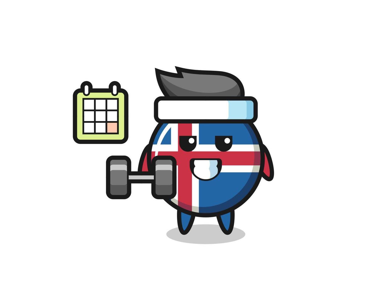 cartone animato mascotte bandiera islandese facendo fitness con manubri vettore