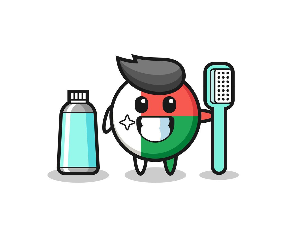 illustrazione della mascotte del distintivo della bandiera del madagascar con uno spazzolino da denti vettore