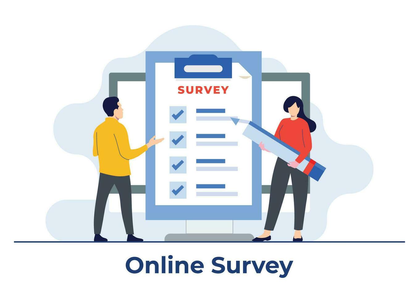 in linea sondaggio modulo su il computer schermo piatto illustrazione vettore concetto, persone Riempimento sondaggio modulo, risposta servizio, il computer portatile con un' lista di controllo, in linea test