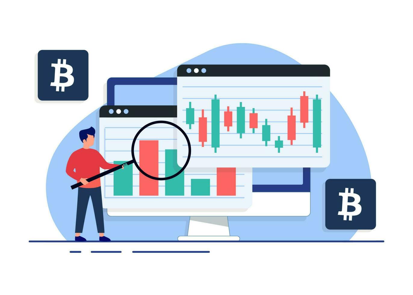 crypto o riserve mercato grafico e candeliere grafico su del desktop computer schermo, tecnico analisi, commercio, finanza concetto piatto vettore illustrazione