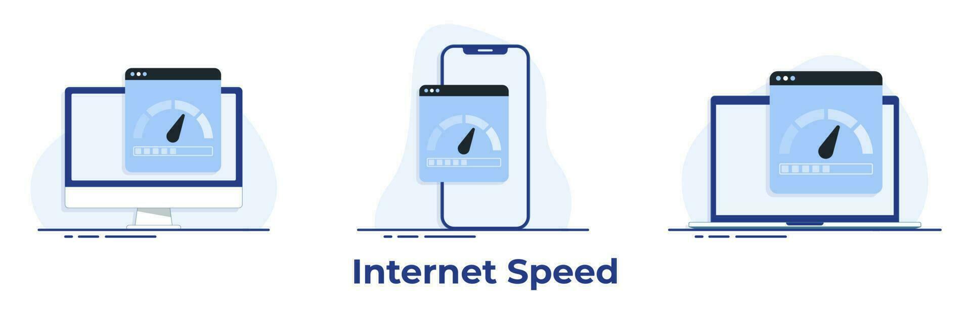 smartphone, il computer portatile e computer con Internet connessione velocità test su il schermo, Internet Scarica velocità, e Rete prestazione su ragnatela pagina piatto illustrazione vettore