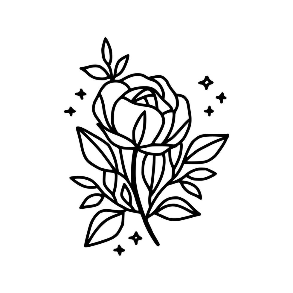 mano disegnato rosa fiore e foglia ramo linea arte vettore illustrazione design