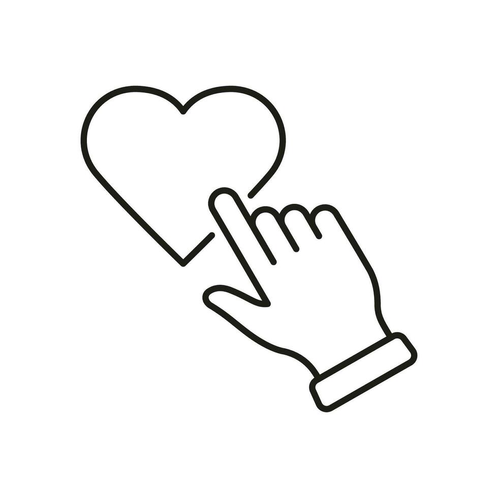 dito rubinetto su cuore linea icona. umano mano clic cuore forma pulsante lineare pittogramma. amore a San Valentino giorno simbolo. romantico cartello per sociale media. modificabile ictus. isolato vettore illustrazione.