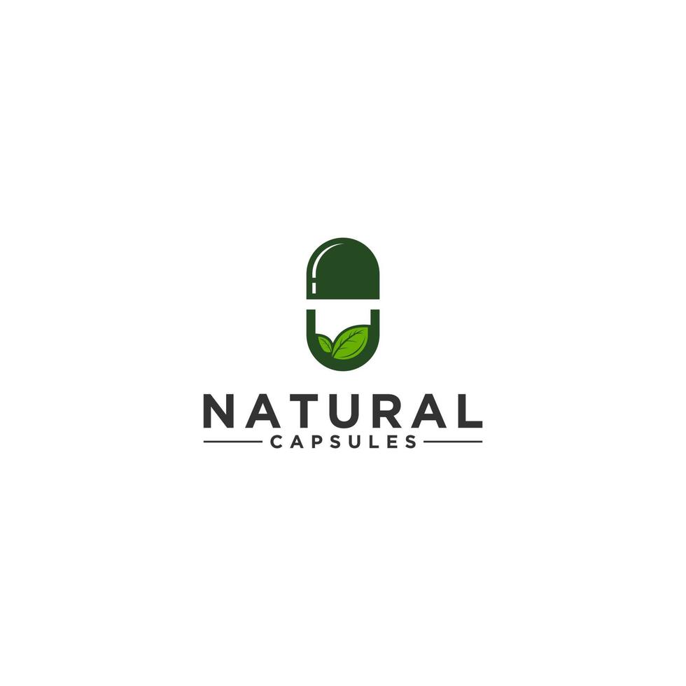 logo della capsula naturale con illustrazione della capsula e della foglia vettore