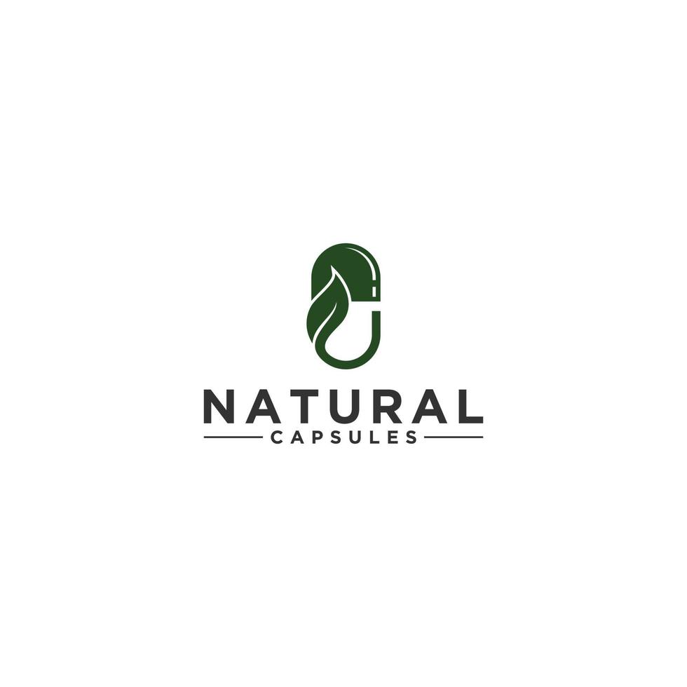 logo della capsula naturale con illustrazione della capsula e della foglia vettore