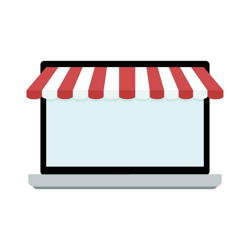 schermo di il computer portatile con tenda da sole. il computer portatile negozio, copia spazio per shopping vetrina, vettore illustrazione