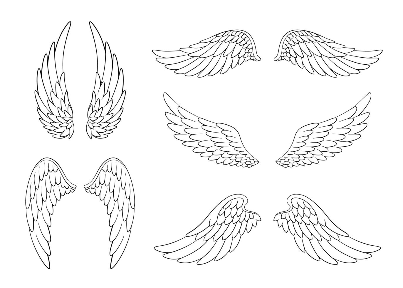 set di ali di uccello o angelo disegnate a mano di forma diversa in posizione aperta. set di ali di doodle sagomate vettore