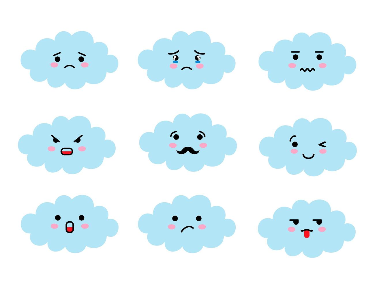 set di emoji a forma di nuvola con umore diverso. emoticon di nuvole carine kawaii ed espressioni di facce di emoji di anime giapponesi. vettore