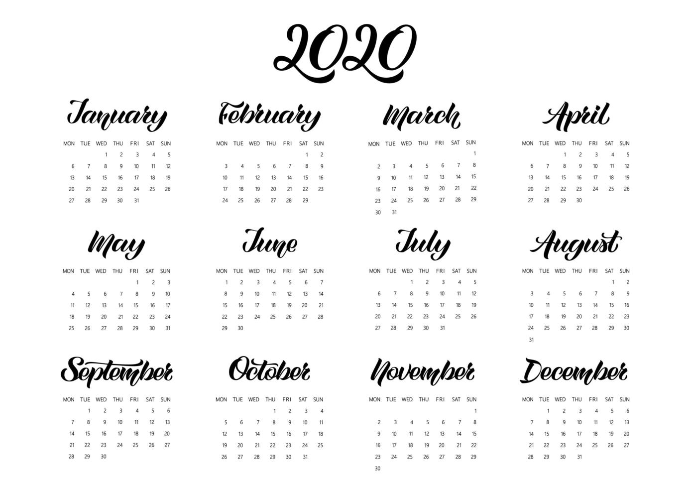 pianificatore del calendario vettoriale per l'anno 2020 con lettere disegnate a mano. set di 12 mesi. la settimana inizia lunedì. disegno di cancelleria.